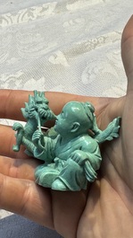 A complete set of 12 Chinese carved turquoise 'Children at Play with the Zodiac Animals' figures on wooden stands, Republic