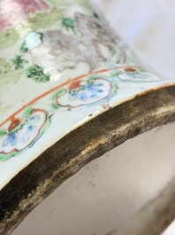 A pair of Chinese famille rose '18 Luohan' vases and covers, 19th C.