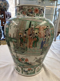 A pair of large Chinese famille verte 'Birthday Celebration of Guo Ziyi 郭子儀祝壽' baluster vases, Kangxi