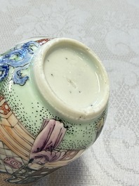 A fine Chinese Canton famille rose cup and saucer with figural design, Yongzheng/Qianlong