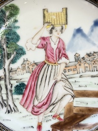 A rare Chinese famille rose erotic 'Milkmaid' cup and saucer, Qianlong, ca. 1740