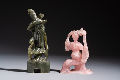 Five Chinese hardstone carvings, four with wooden stands, 20th C.