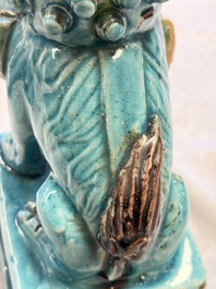 A pair of Chinese turquoise-glazed Buddhist lions, a pair of green-glazed parrots and a pair of miniature garden seats, 19/20th C.