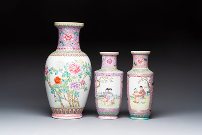 Eight Chinese famille rose vases, Qianlong and Jing De Zhen 景德鎮 marks, 20th C.