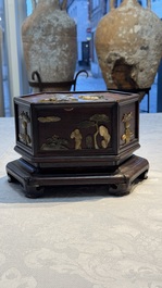 A Chinese soapstone-embellished hongmu 'Antiquities' box and cover, 19th C.