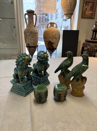 A pair of Chinese turquoise-glazed Buddhist lions, a pair of green-glazed parrots and a pair of miniature garden seats, 19/20th C.