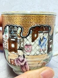 A fine Chinese Canton famille rose cup and saucer with figural design, Yongzheng/Qianlong