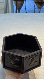 A Chinese soapstone-embellished hongmu 'Antiquities' box and cover, 19th C.