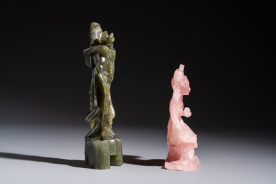 Five Chinese hardstone carvings, four with wooden stands, 20th C.