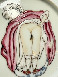 A rare Chinese famille rose erotic 'Milkmaid' cup and saucer, Qianlong, ca. 1740