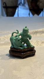 A complete set of 12 Chinese carved turquoise 'Children at Play with the Zodiac Animals' figures on wooden stands, Republic