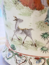 A pair of Chinese famille rose '18 Luohan' vases and covers, 19th C.