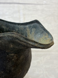 A rare and large Chinese archaistic bronze pouring vessel and cover, Gong 觥, Qing