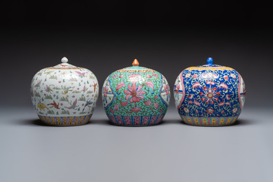 A Chinese famille rose archaistic covered vase, a vase, and three covered ginger jars, Qianlong marks, 20th C.