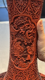 A pair of Chinese cinnabar lacquer 'Xi Xiang Ji' 'Tianqiu Ping' vases, 20th C.