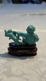 A complete set of 12 Chinese carved turquoise 'Children at Play with the Zodiac Animals' figures on wooden stands, Republic