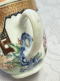 A fine Chinese Canton famille rose cup and saucer with figural design, Yongzheng/Qianlong