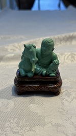 A complete set of 12 Chinese carved turquoise 'Children at Play with the Zodiac Animals' figures on wooden stands, Republic