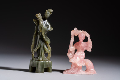 Five Chinese hardstone carvings, four with wooden stands, 20th C.