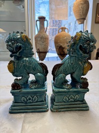 A pair of Chinese turquoise-glazed Buddhist lions, a pair of green-glazed parrots and a pair of miniature garden seats, 19/20th C.