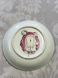 A rare Chinese famille rose erotic 'Milkmaid' cup and saucer, Qianlong, ca. 1740