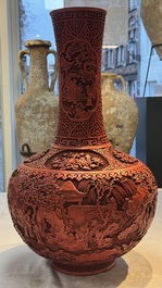 A pair of Chinese cinnabar lacquer 'Xi Xiang Ji' 'Tianqiu Ping' vases, 20th C.