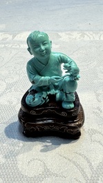 A complete set of 12 Chinese carved turquoise 'Children at Play with the Zodiac Animals' figures on wooden stands, Republic