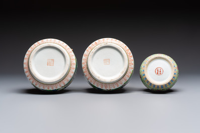 Five Chinese famille rose and verte vases and an armorial ewer, various marks, 20th C.
