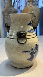 A Chinese Nanking crackle-glazed blue and white 'Hu' vase with a deer hunting scene, Hongwu mark, 19th C.