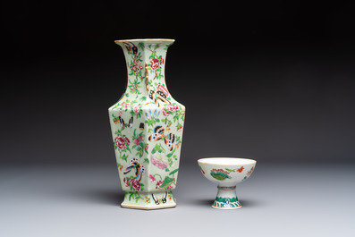 A Chinese famille rose celadon-ground hexagonal vase and a famille rose stem bowl, 19th C.