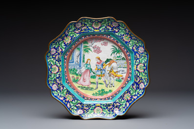 Two Chinese Canton enamel vases and a 'European Subject' dish, 20th C.