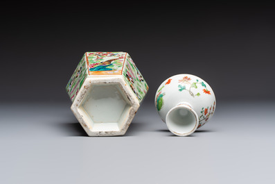 A Chinese famille rose celadon-ground hexagonal vase and a famille rose stem bowl, 19th C.