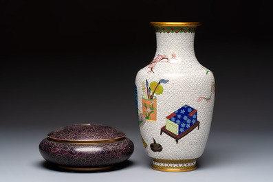 Three Chinese cloisonn&eacute; vases and a covered box, 20th C.