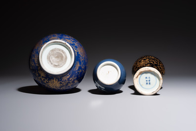 Three Chinese monochrome-glazed vases, Kangxi mark, 19/20th C.