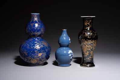 Three Chinese monochrome-glazed vases, Kangxi mark, 19/20th C.