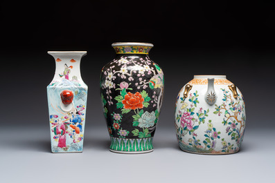 Five Chinese famille rose and verte vases and an armorial ewer, various marks, 20th C.