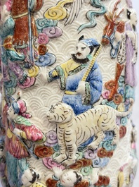 A pair of Chinese famille rose relief-moulded 'Immortals' vases, Qianlong mark, Republic