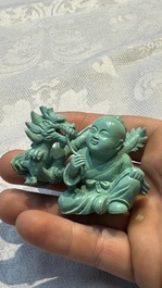 A complete set of 12 Chinese carved turquoise 'Children at Play with the Zodiac Animals' figures on wooden stands, Republic