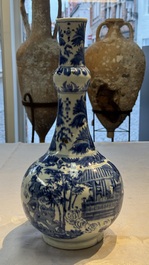 A rare Chinese blue and white bottle vase with narrative design, Transitional period