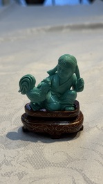 A complete set of 12 Chinese carved turquoise 'Children at Play with the Zodiac Animals' figures on wooden stands, Republic