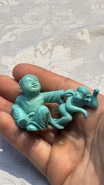 A complete set of 12 Chinese carved turquoise 'Children at Play with the Zodiac Animals' figures on wooden stands, Republic