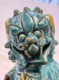 A pair of Chinese turquoise-glazed Buddhist lions, a pair of green-glazed parrots and a pair of miniature garden seats, 19/20th C.