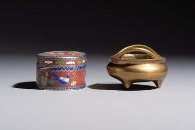 A group of eleven Chinese decorative objects, including bronze, cloisonn&eacute;, wood, and silk, 20th C.