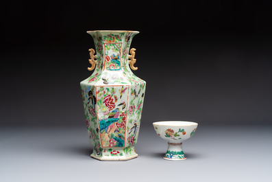 A Chinese famille rose celadon-ground hexagonal vase and a famille rose stem bowl, 19th C.