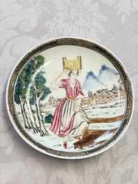 A rare Chinese famille rose erotic 'Milkmaid' cup and saucer, Qianlong, ca. 1740