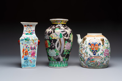 Five Chinese famille rose and verte vases and an armorial ewer, various marks, 20th C.