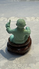 A complete set of 12 Chinese carved turquoise 'Children at Play with the Zodiac Animals' figures on wooden stands, Republic
