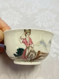 A rare Chinese famille rose erotic 'Milkmaid' cup and saucer, Qianlong, ca. 1740