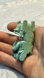 A complete set of 12 Chinese carved turquoise 'Children at Play with the Zodiac Animals' figures on wooden stands, Republic