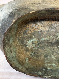 A rare and large Chinese archaistic bronze pouring vessel and cover, Gong 觥, Qing
